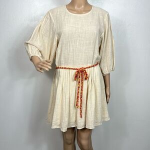 Tennis Cotton 3/4 Sleeve Tie Waist Fit & Flare Dress In Cream Size M